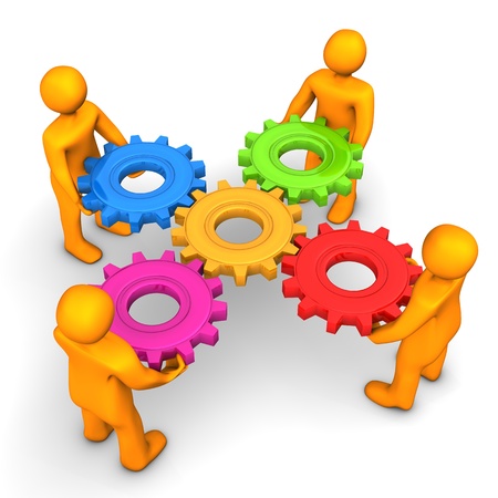 Orange cartoon characters with multicolored gears on the white background.の写真素材