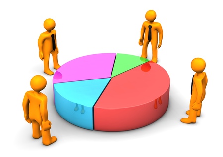 Orange cartoon character with piechart on the white background.の写真素材