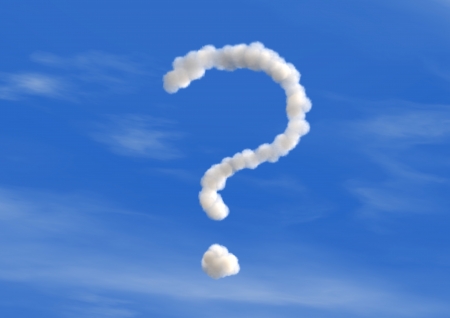 Blue sky with question mark as white cloud の写真素材