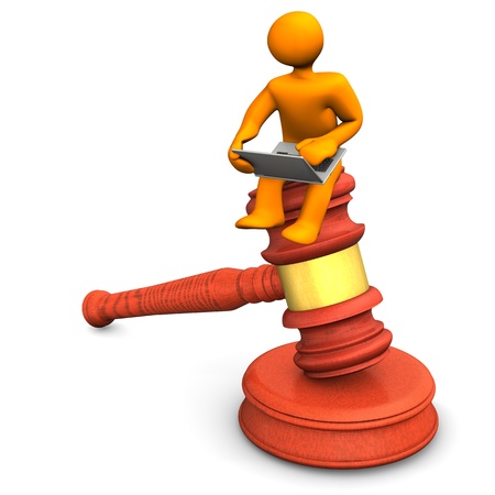 Orange cartoon character with notebook and judge hammer.の写真素材