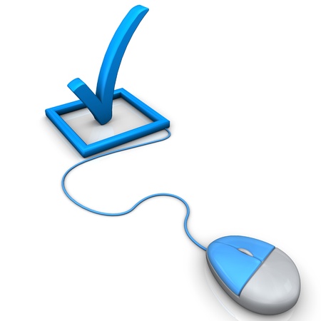 Blue tick with pc mouse. White background.の写真素材