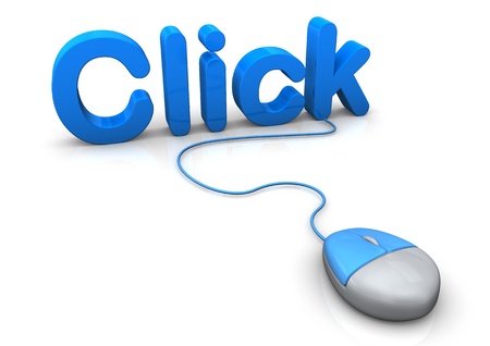 Blue text CLICK with optical mouse. White background.の写真素材