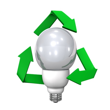 Energy saving lamp with green symbol of recycling.の写真素材