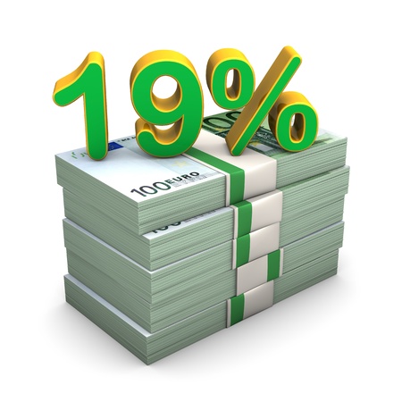 Euro notes with text "19 %". White background.の写真素材
