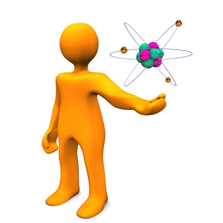 Orange cartoon character with atom on the white background.の写真素材
