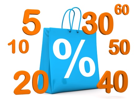 Blue shopping bag with percent and orange numbers. White background.の写真素材