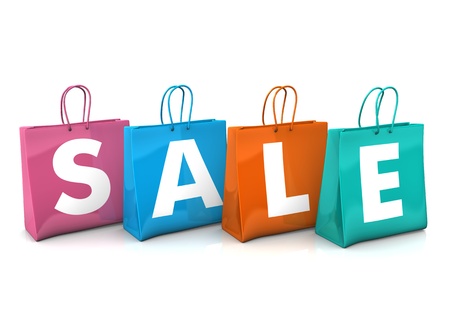 Three colorful shopping bags with the text SALE. White background.の写真素材