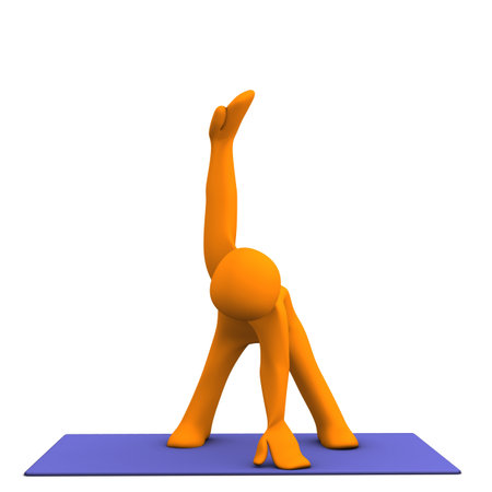 Orange cartoon character makes yoga. White background.の写真素材