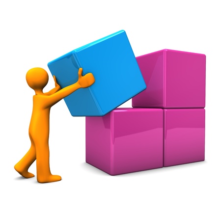 Orange cartoon character pushes the blue cube の写真素材