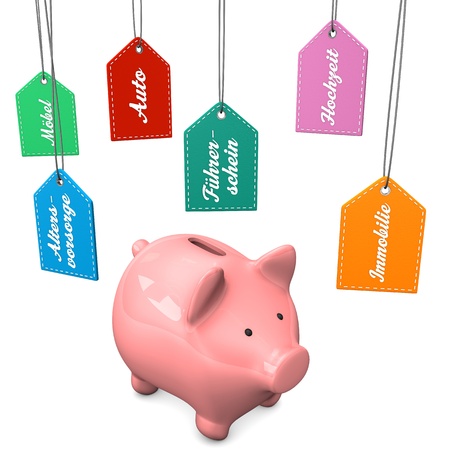 Piggy bank with german text Moebel, Altersvorsorge, Auto, Fuehrerschein, Hochzeit, Immobilie translate Furniture, Pension, Car, Driver License, Wedding and Property.の写真素材