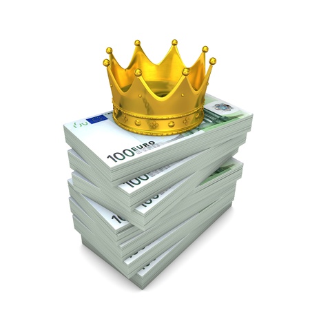 Euro notes with golden crown on the white background.の写真素材