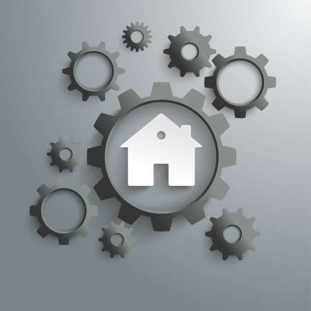 Black gears with white house on the grey background. のイラスト素材