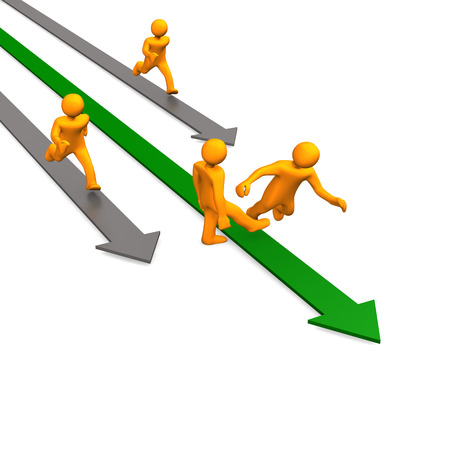 Competition with orange cartoon characters on the arrows. White background.の写真素材