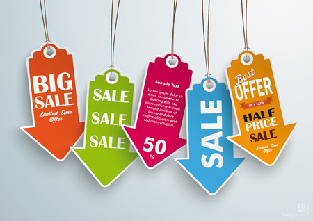 Five colored price stickers on the grey background.のイラスト素材