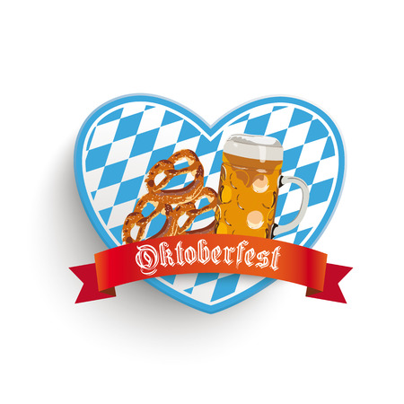 Heart in bavarian colors with beer and pretzels on the white background. Eps 10 vector file.のイラスト素材