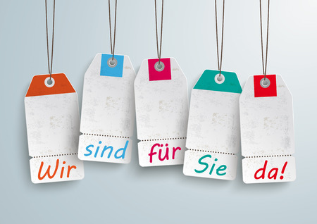 White price stickers on the white background. German text and translate \"We`re open\". のイラスト素材