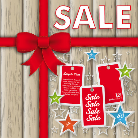 Red ribbon on the wooden background. Eps 10 vector file.のイラスト素材