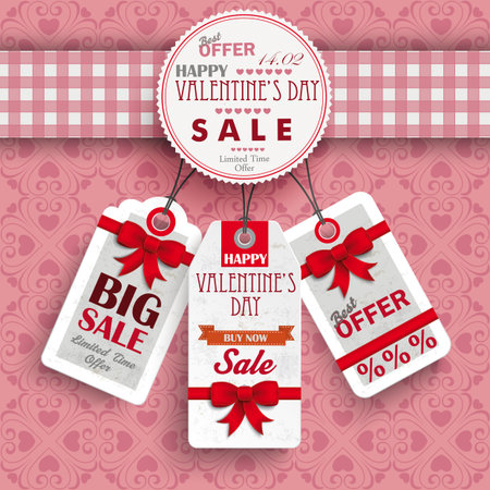 White paper heart with checked towel and price stickers on the pink background. Eps 10 vector file.のイラスト素材