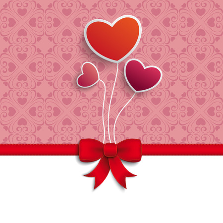 Hearts with ornaments and red ribbon on the pink background. Eps 10 vector file.のイラスト素材