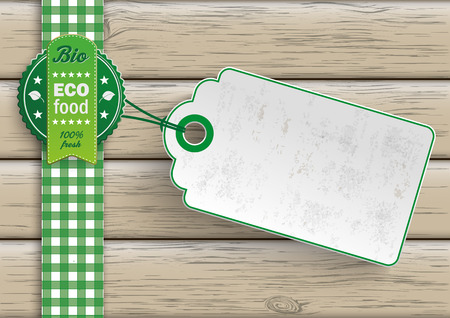 Bio food label with price sticker on the wooden background. Eps 10 vector file.のイラスト素材