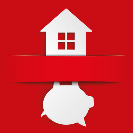 House with piggy bank and with red banner, on the red background. Eps 10 vector file.のイラスト素材