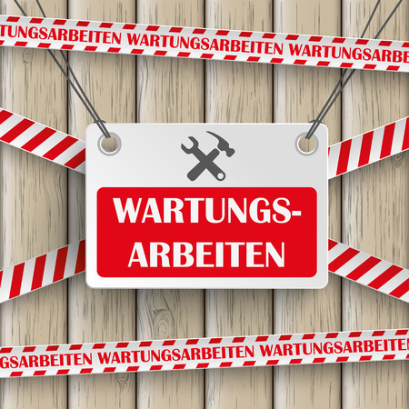 Template design on the wooden background. German text "Wartungsarbeiten", translate "Maintenance". Eps 10 vector file.のイラスト素材