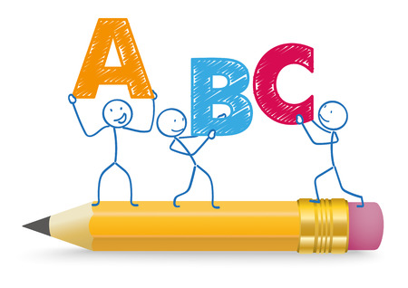 3 stickmen with pencil and text ABC on the white. Eps 10 vector file.のイラスト素材