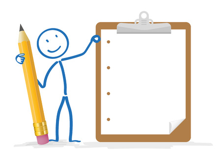 Stickman with pencil and clipboard on the white. のイラスト素材