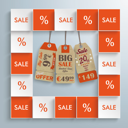 Squares with price stickers on the gray background. Eps 10 vector file.のイラスト素材