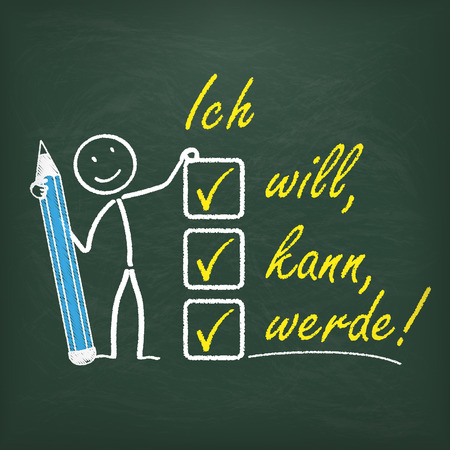 Stickman with pencil and german text \"Ich will, kann, werde\", translate \"I want, can,  will\".のイラスト素材