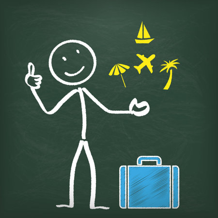 Blackboard with stickman and blue suitcase. のイラスト素材