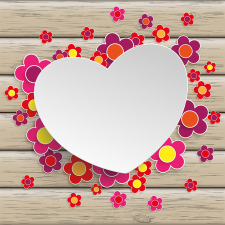 White paper heart with flowers on the wooden background. のイラスト素材