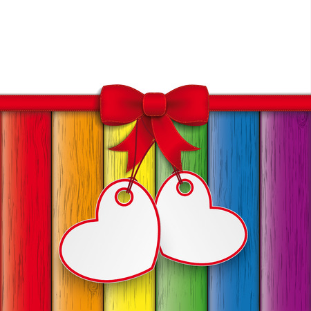 Hearts with red ribbon on the rainbow wooden background. のイラスト素材