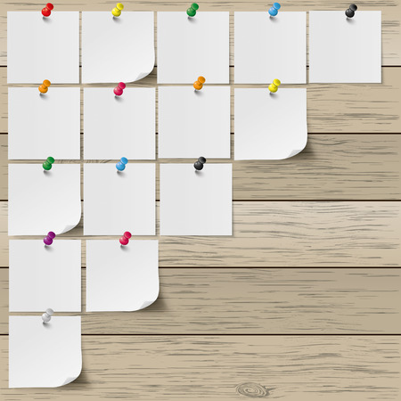 Infographic with gray stickers and colored pins on the wooden background. のイラスト素材
