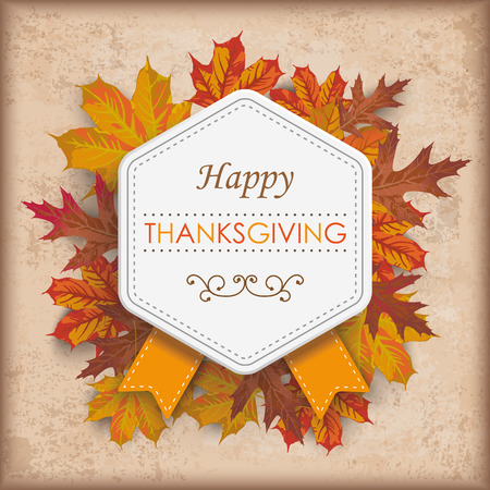 Vintage background with emblem, foliage and text Happy Thanksgiving Eps 10 vector file.のイラスト素材