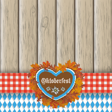 Bavarian national colors flyer with red table cloth, heart and foliage on the wooden background. Eps 10 vector file.のイラスト素材