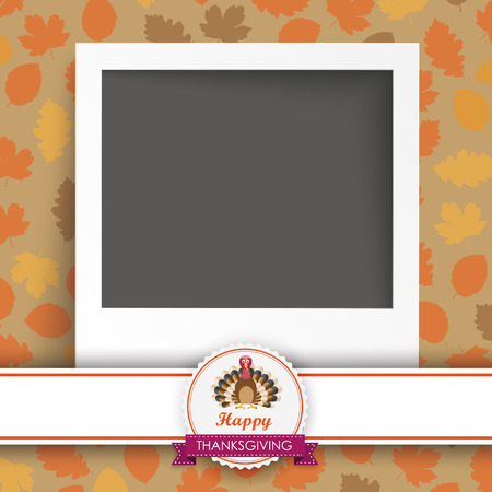 Foliage in autumn colors with instant photo, thanksgiving emblem and turkey on white background. Eps 10 vector file.のイラスト素材