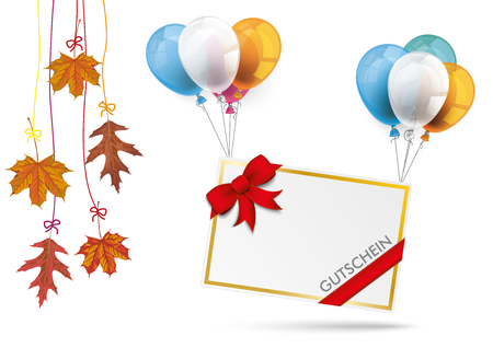 Paper frame with balloons, foliage and german text "Gutschein", translate "Coupon". Eps 10 vector file.のイラスト素材