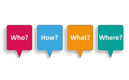 4 speech bubbles with text Who, How, What, Where. Eps 10 vector file.のイラスト素材