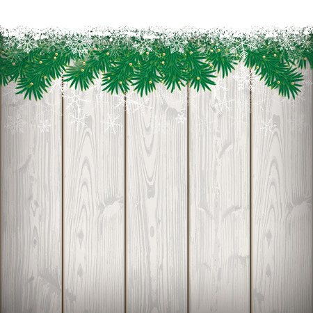 Fir twigs with snow on the wooden background. Eps 10 vector file.のイラスト素材