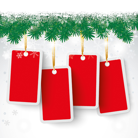 Christmas card with fir twigs, snow and price stickers. Eps 10 vector file.のイラスト素材