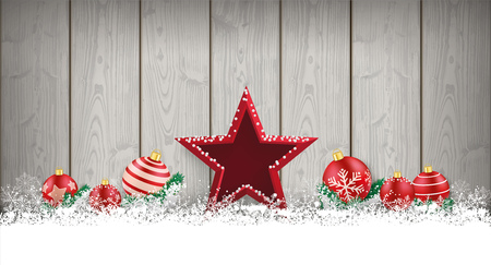 Wooden christmas card with snowflakes, star and baubles. Eps 10 vector file.のイラスト素材