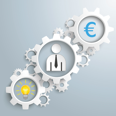 White gears with bulb, businessman and euro on the gray background. Eps 10 vector file.のイラスト素材