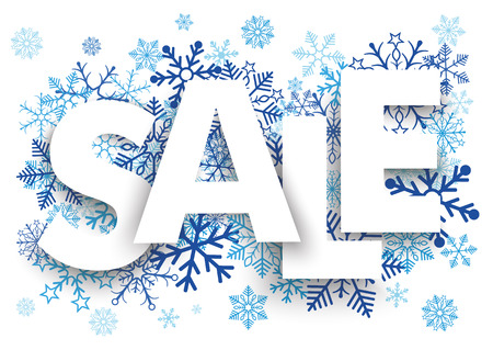 Sale letters with blue snowflakes on the white background. のイラスト素材
