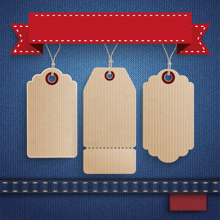 Blue jeans fabric with 3 price stickers. Eps 10 vector file.のイラスト素材