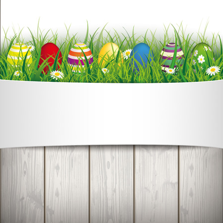 Green grass with colored easter eggs on the wooden background. Eps 10 vector file.のイラスト素材