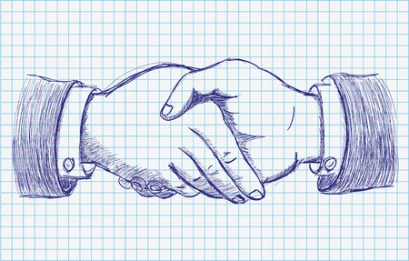 Handdrawn handshake on the checked paper. Eps 10 vector file.のイラスト素材