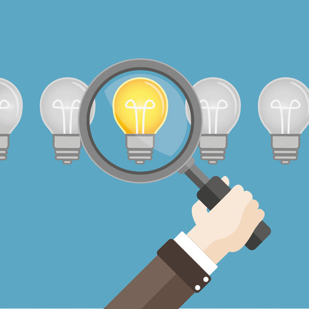 Human hand with a loupe and some bulbs. Eps 10 vector file.のイラスト素材