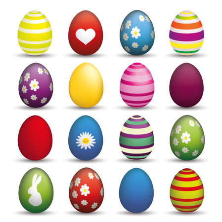 Seit of 16 colorful easter eggs on the white background. Eps 10 vector file.のイラスト素材