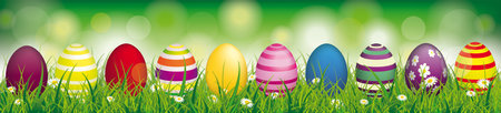 White flowers in grass with colored easter eggs on the bokeh background. Eps 10 vector file.